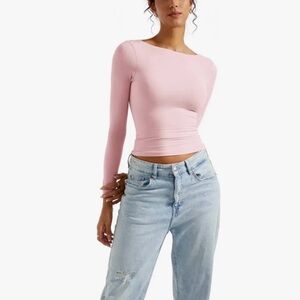 SUUKSESS Women Backless Going Out Tops Double Lined Open Back Basic Long Sleeve